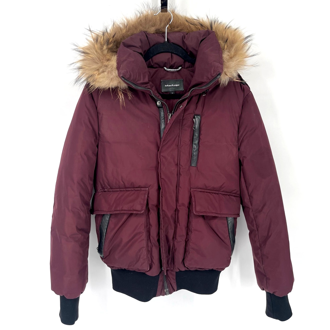 Mackage Burgundy Diego Down Bomber Jacket With Fur Trim Hood Size 36 Small